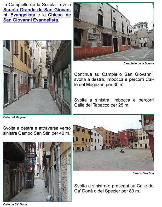 Campiello san Giovanni, Calle del Magazen, Calle del Tabacco, Campo San Stin, Calle de Ca' Don o Spezier