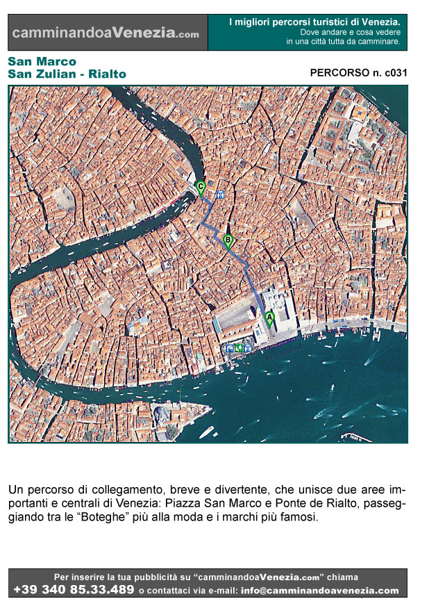 Vista satellitare di Venezia e dell'intero itinerario c031 da San Marco a Rialto